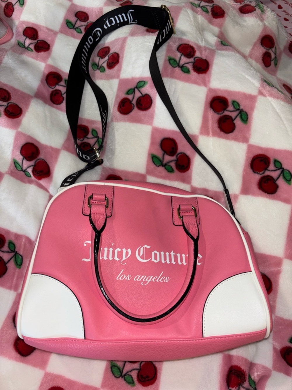 Juicy Couture Pink and White Dome Satchel with Black Logo Strap